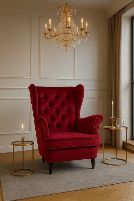 Fotel Uszak stylowy do salonu pikowany Glamour Tkaniny do wyboru