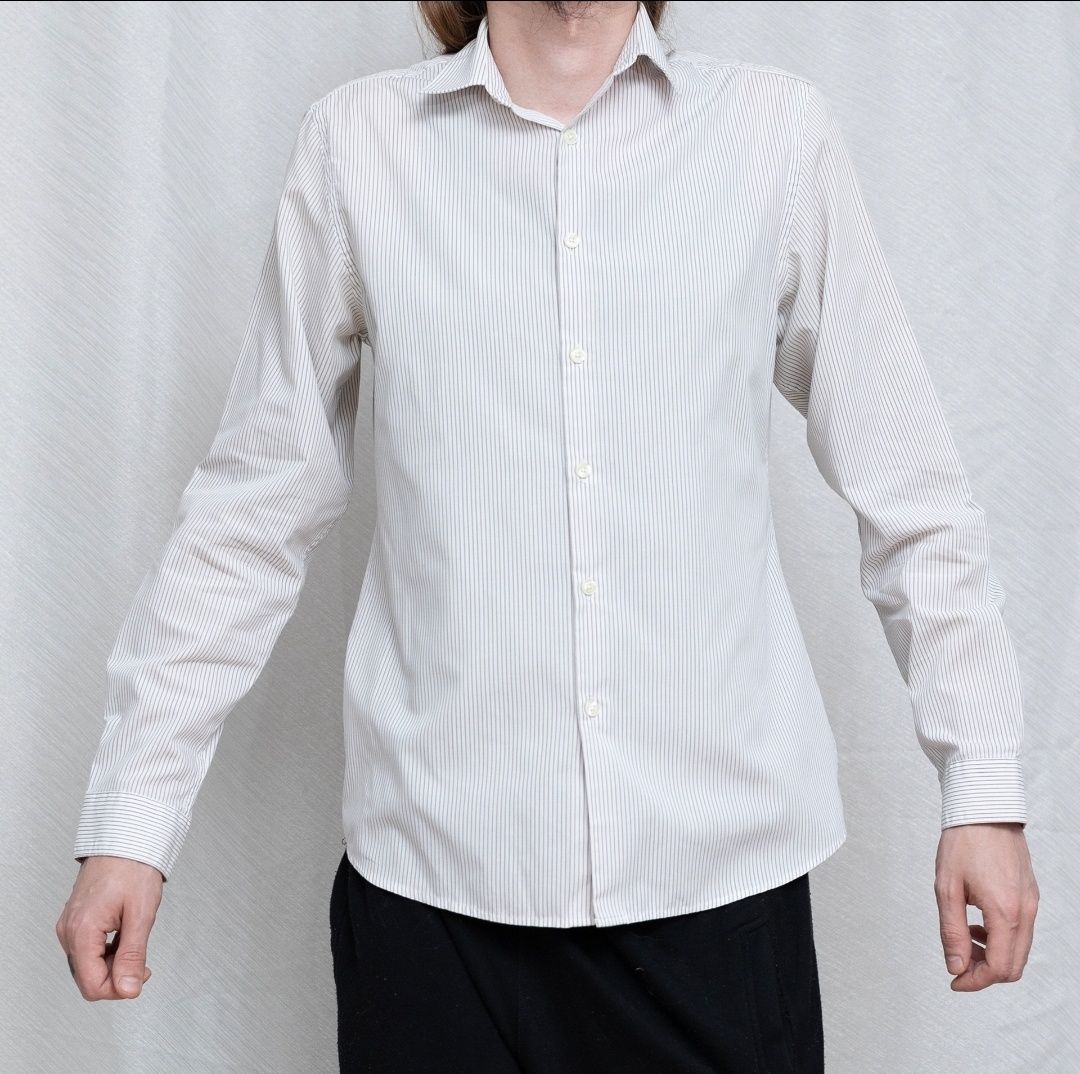 Elegancka Koszula męska na święta biała w brązowe paski M Topman długi