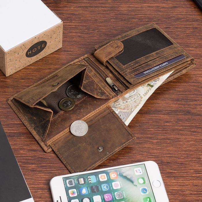 Portfel skórzany męski brązowy nubuk poziomy skóra ciężarówka RFiD