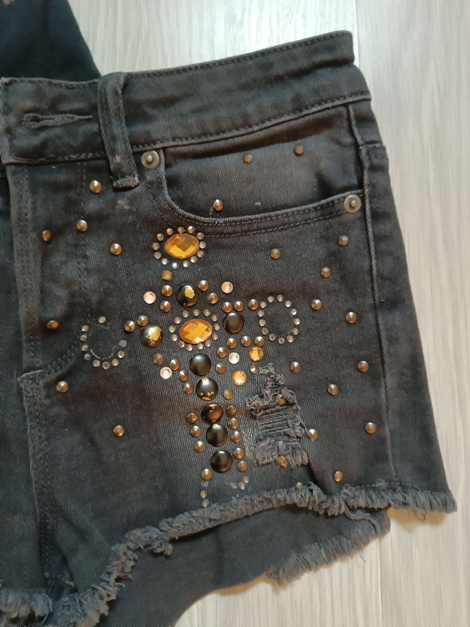 Szorty+t-shirt zestaw damski spodenki jeansowe XS-S krótkie dżinsy