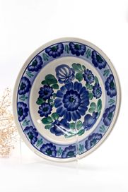 Głęboki talerz z niebiesko-zieloną dekoracją fajans Włocławek ceramika