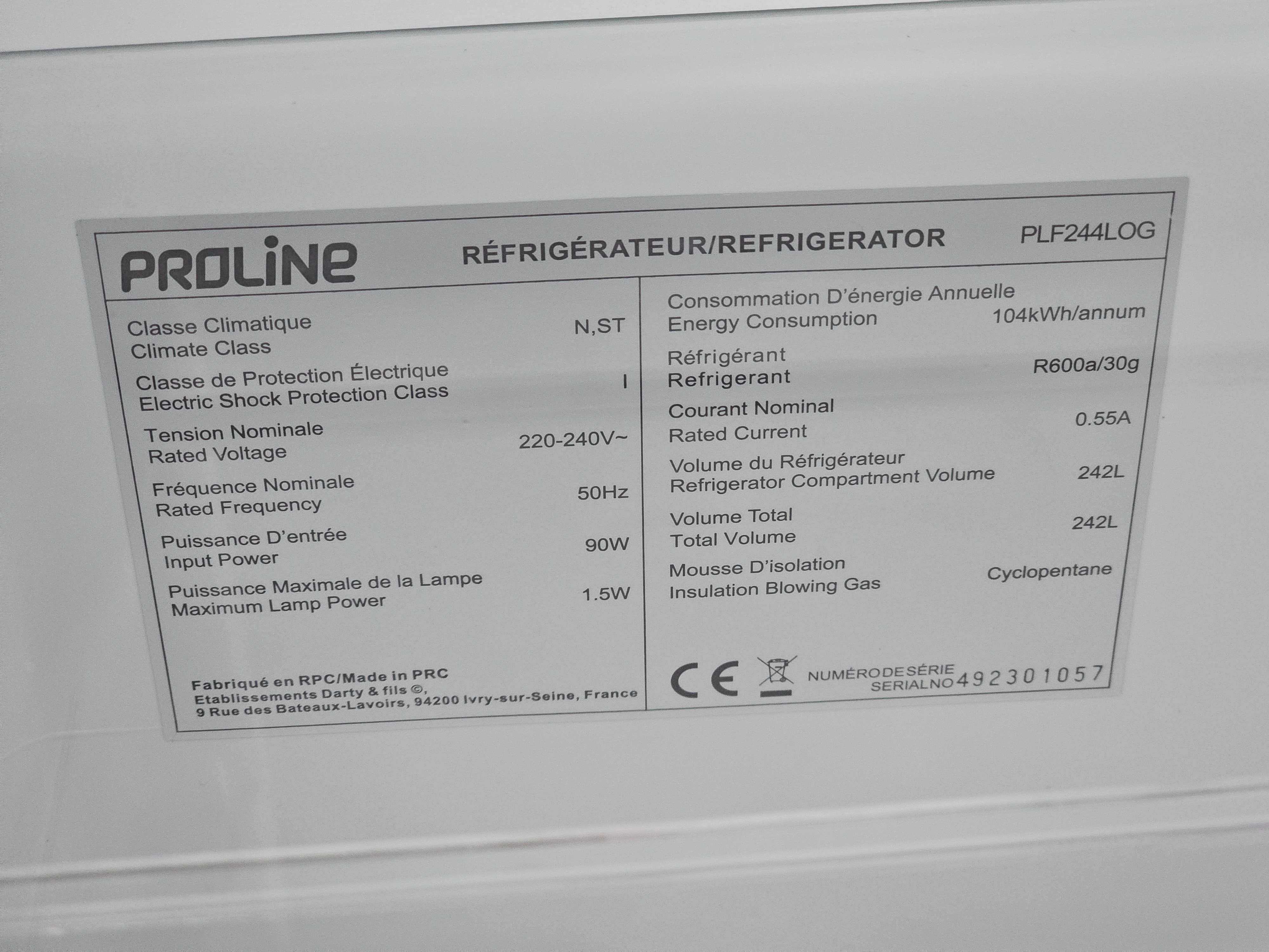Chłodziarka wolnostojąca Proline PLF244LOG | Lodówka 142,6CM |  242L