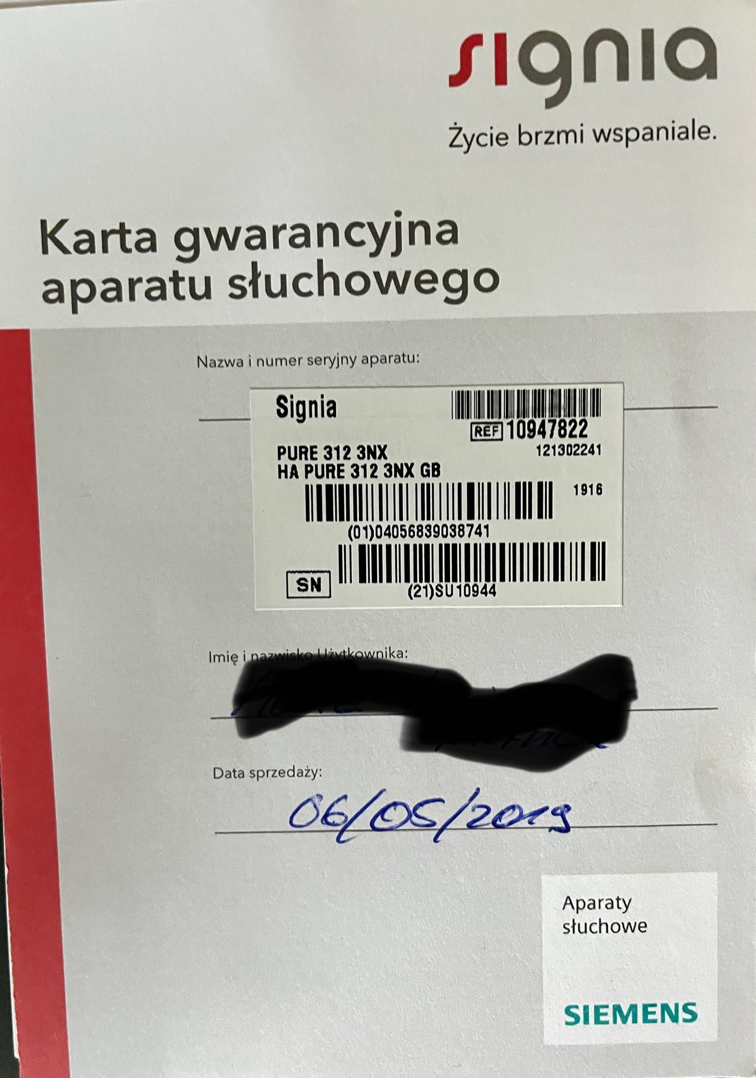 Sprzedam aparat słuchowy Signia Pure 312 3NX