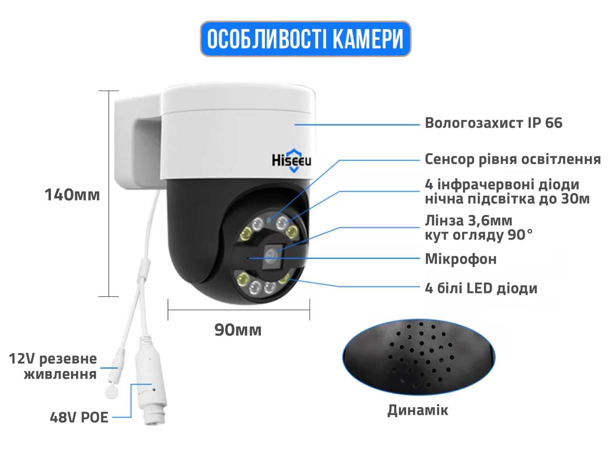 8Мп IP POE Поворотная PTZ Камера видеонаблюдения Hiseeu 3.6мм