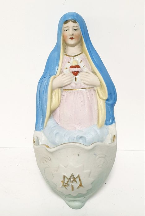 Linda antiga pia de Água Benta em porcelana policromada