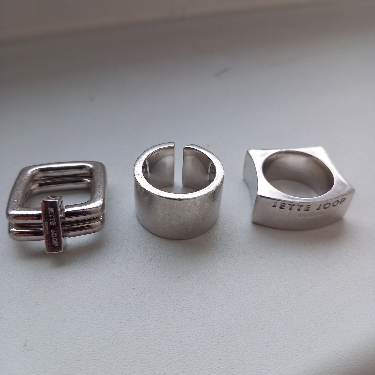 SREBRO, Jette Joop, 3 designerskie, masywne obrączki, pierścionki.
