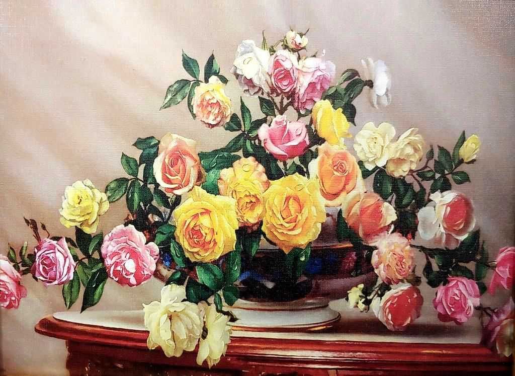 Herbaciane róże.Obraz w złotej stylowej ramie.(Reprodukcja) 59x49 cm