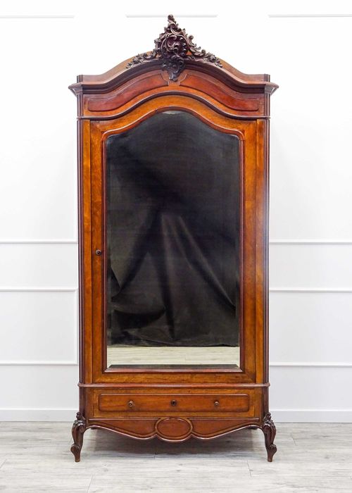 Antyk DREWNIANA szafa BIELIŹNIARKA Rocaille Orzech LUSTRO front 1p. XX