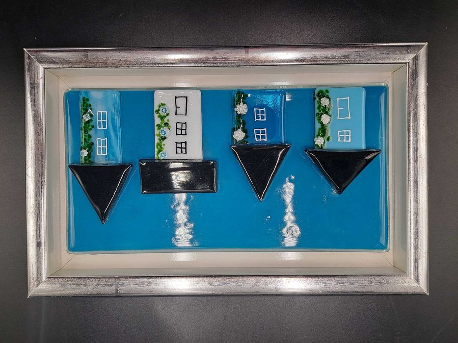 Obraz szkło Murano szklane domki domy na szklanej tafli srebrna rama