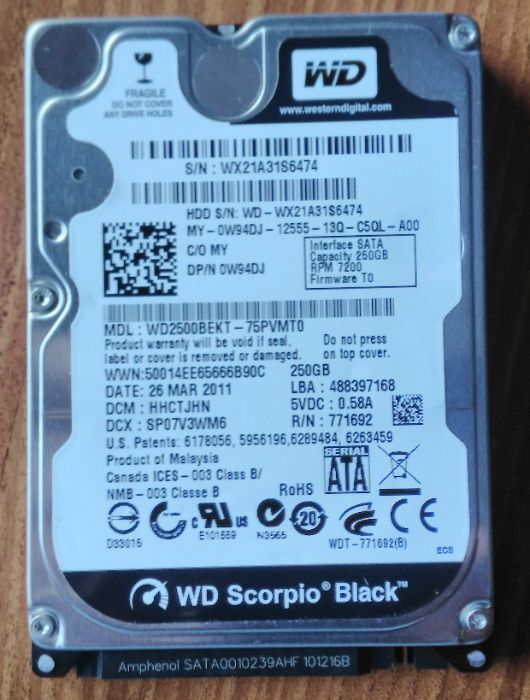 Disco WD Scorpio Black sata 7200 RPM 2,5 - 250 gigas