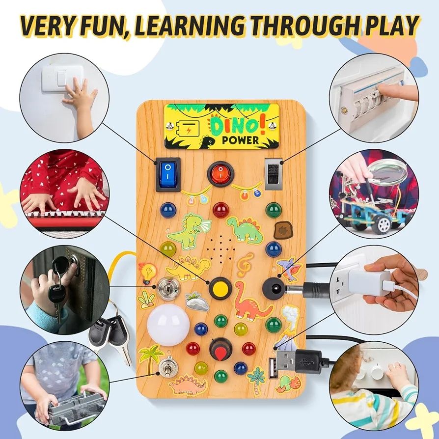 Zabawka edukacyjna Montessori Busy Board  sensoryczna dźwięk dinozaura