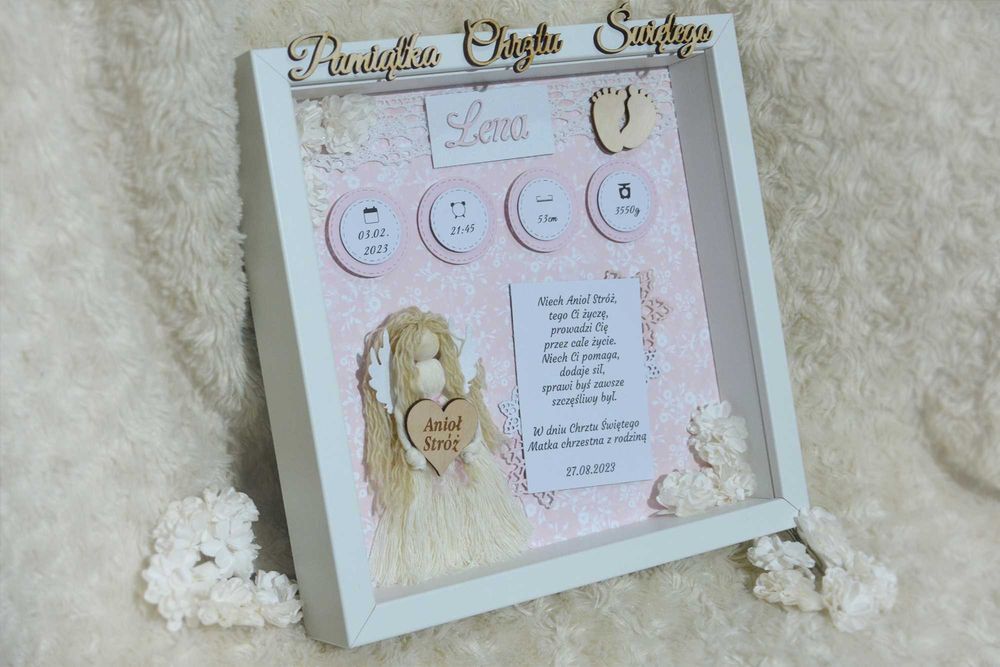 Śliczna metryczka prezent chrzest ramka personalizowana anioł różowa