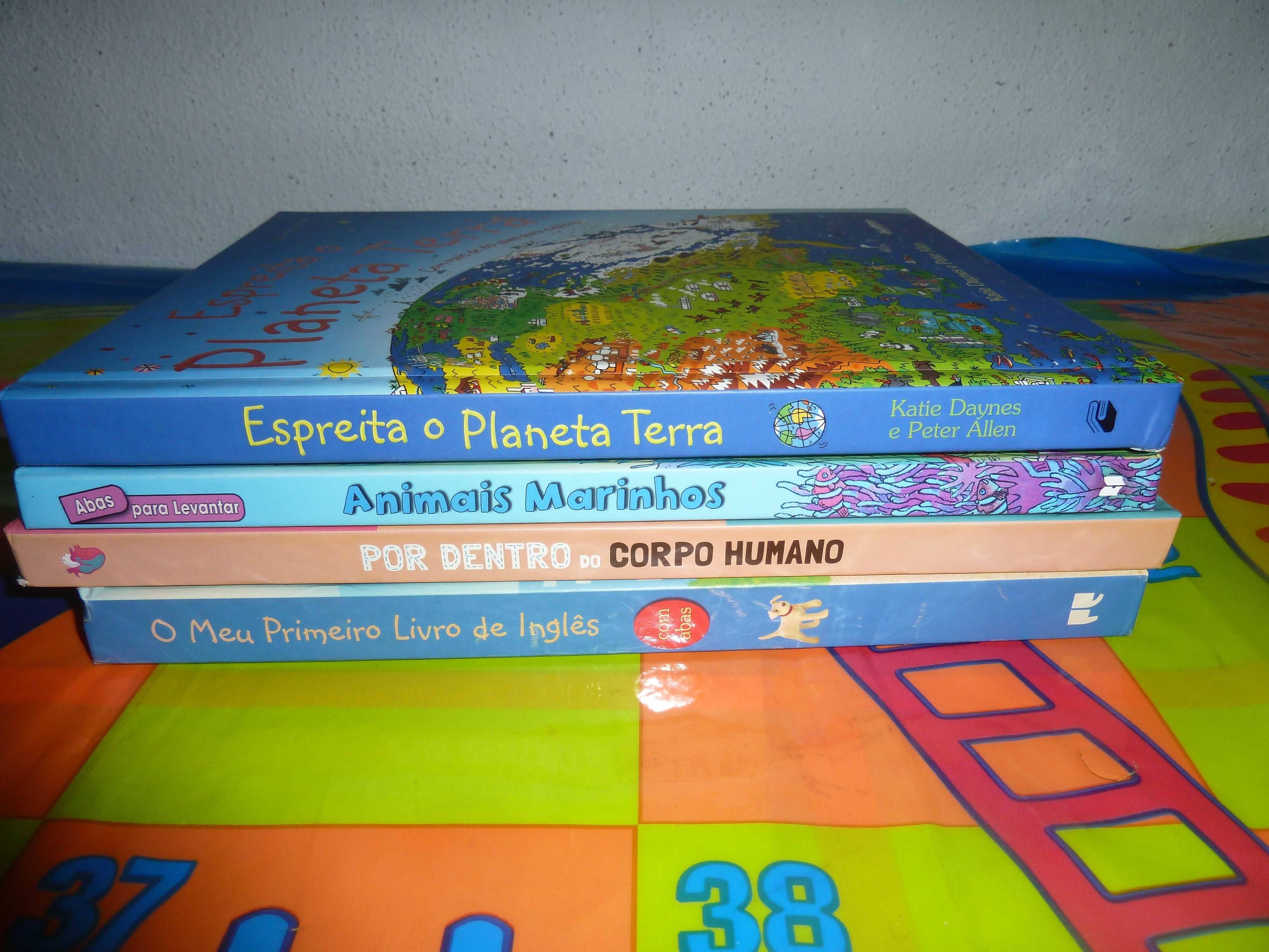 Livros didáticos com abas - corpo humano, terra, inglês e animais