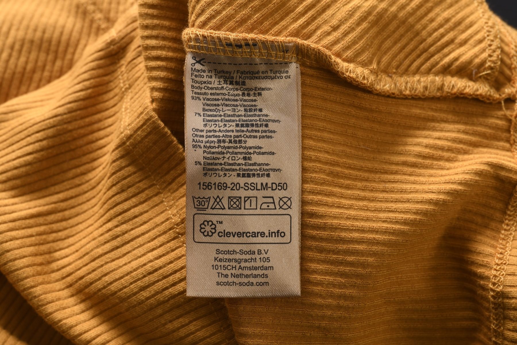 SCOTCH & SODA kopertowa bluzka damska z prążkowanego dżerseju musztard