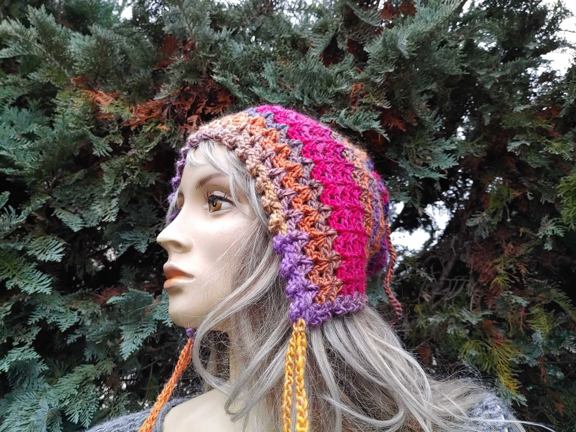 Szydełkowa czapka i mitenki, wełniana czapka slouchy bonnet