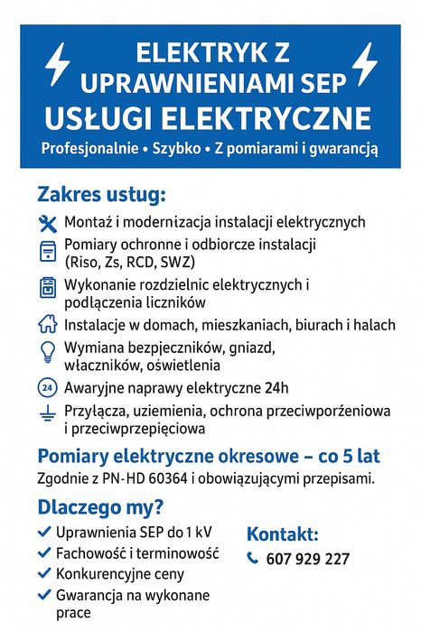 Uslugi elektryczne -nowe instalacje, awarie , pomiary elektryczne