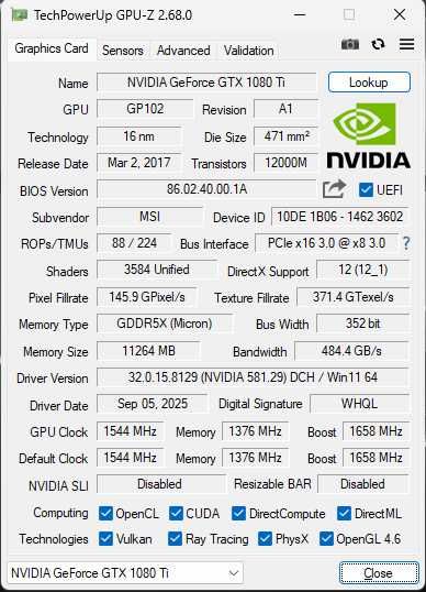 MSI GTX 1080 Ti Gaming X 11GB GDDR5X (352bit)