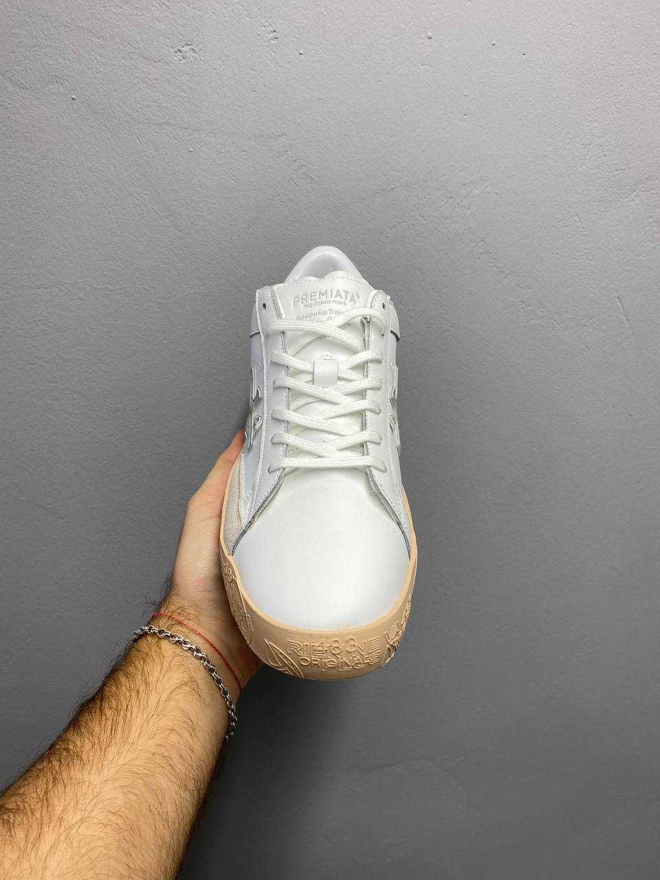 Кеди Premiata Steven White Beige Green / кеди Преміата Стівен білі