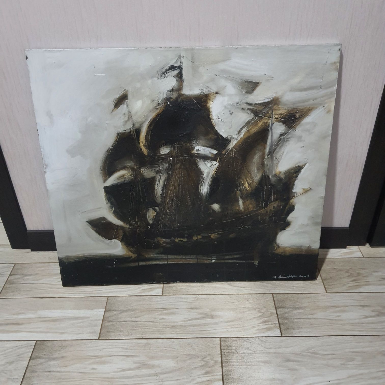 Картина маслом Парусный корабль, минимализм, лофт 80×70