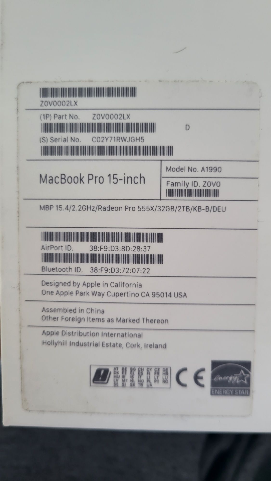 Macbook apple pro 15 36GB/2TB