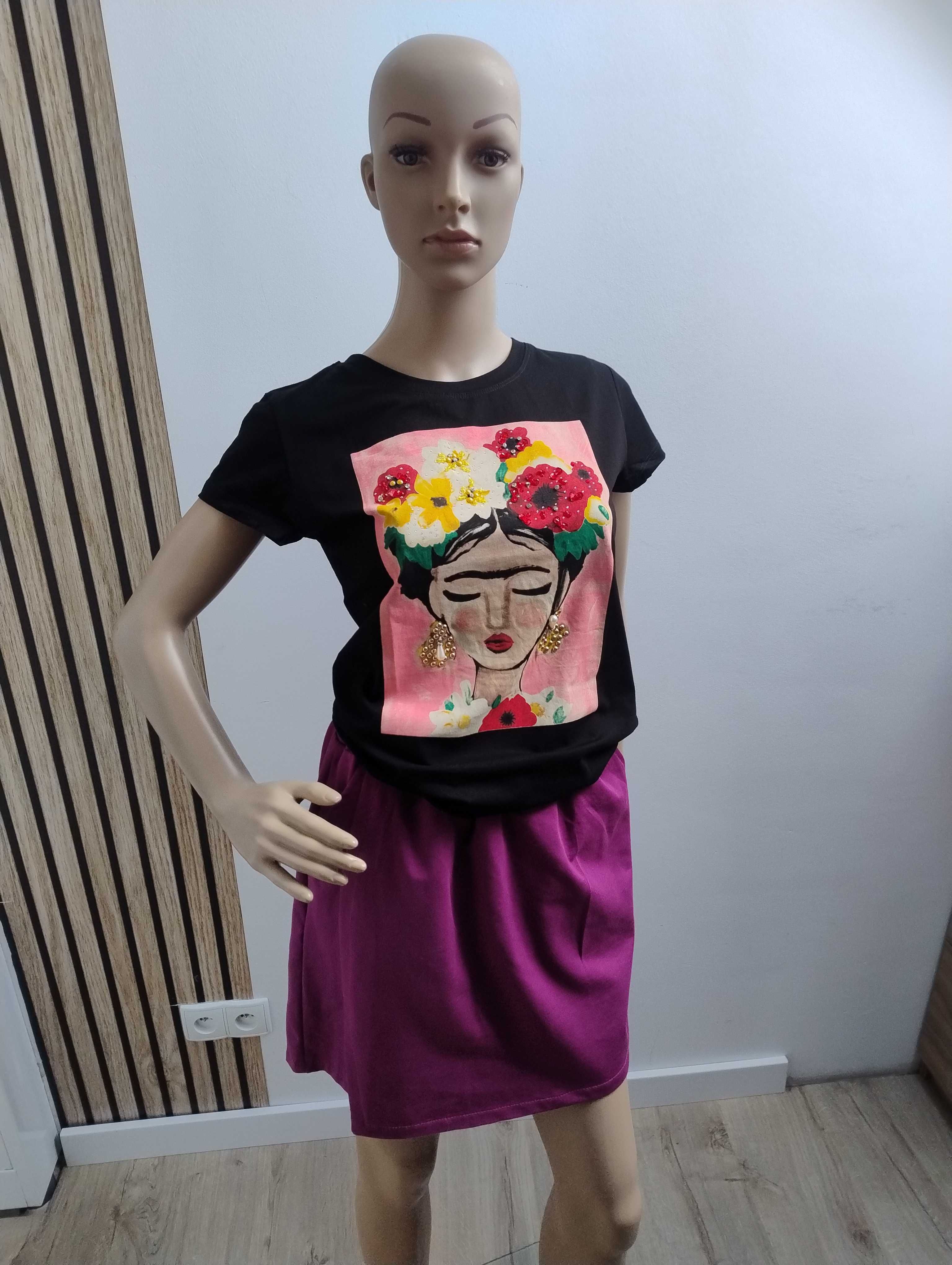 T-shirt kobieta z kwiatami Czarny z różem L/XL PS