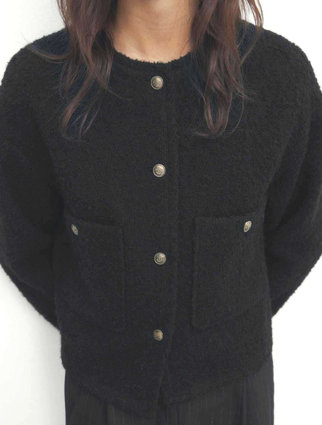 Massimo Dutti wełniany Krótki Żakiet Kardigan Boucle 38M 40L czarny XS