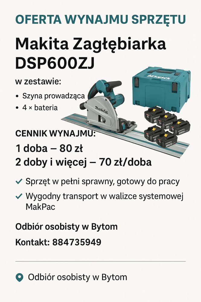 Makita piła, pilarka, tarczowa, zagłebiarka, DSP600ZJ, wynajem