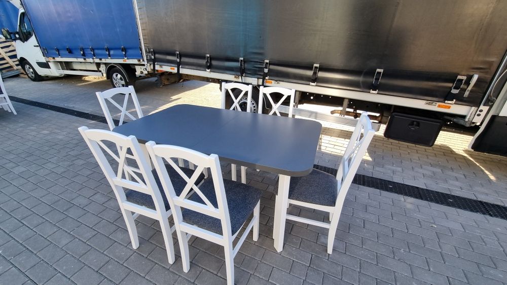 Od ręki: Stół z 6 krzesłami, nowe , biały/grafit + grafit (krzyż)