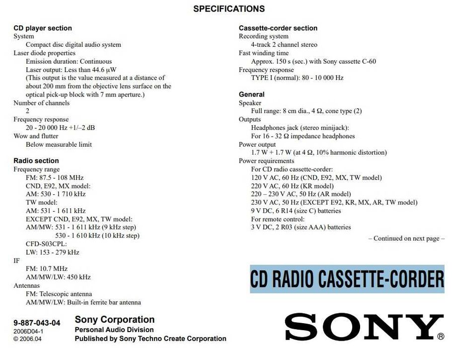 Магнітола Sony CFD-S03CP (CD/MP3, Radio, Cassette-corder)