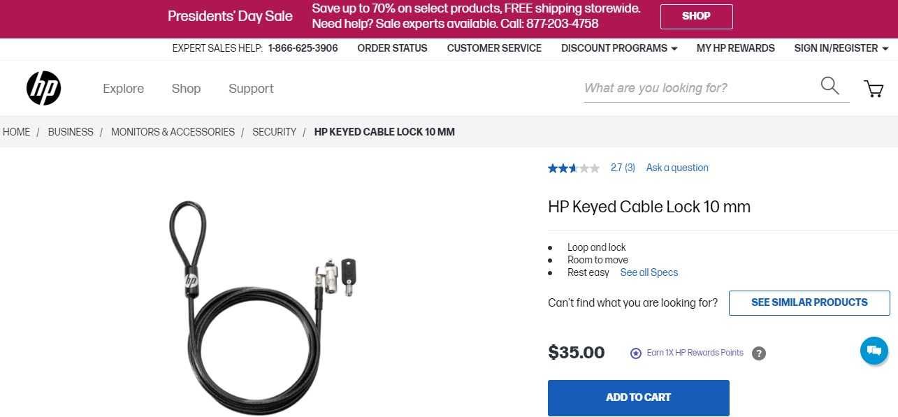 Замок для ноутбука HP Keyed Cable Loc