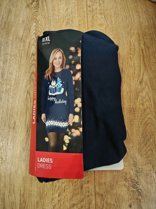 Sukienka Świąteczna Choinka Pingwin Granatowa Xl 48/50