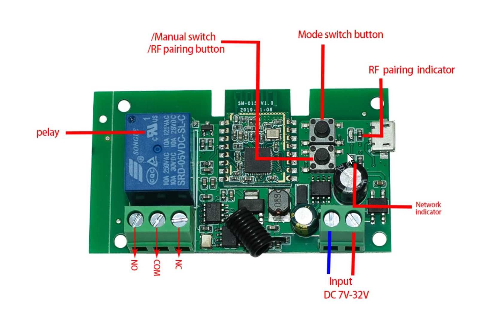 Zigbee Tuya одноканальне реле для розумного будинку 7-32В, 85-250В