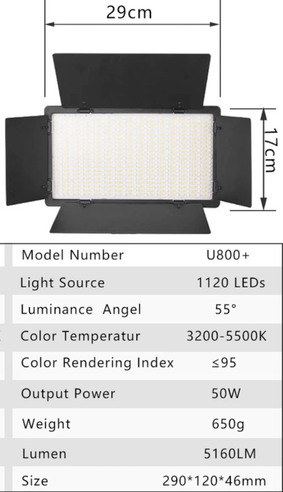 Освітлювач LED лампа Pro LED U800+ відеосвітло 29x17 cm
