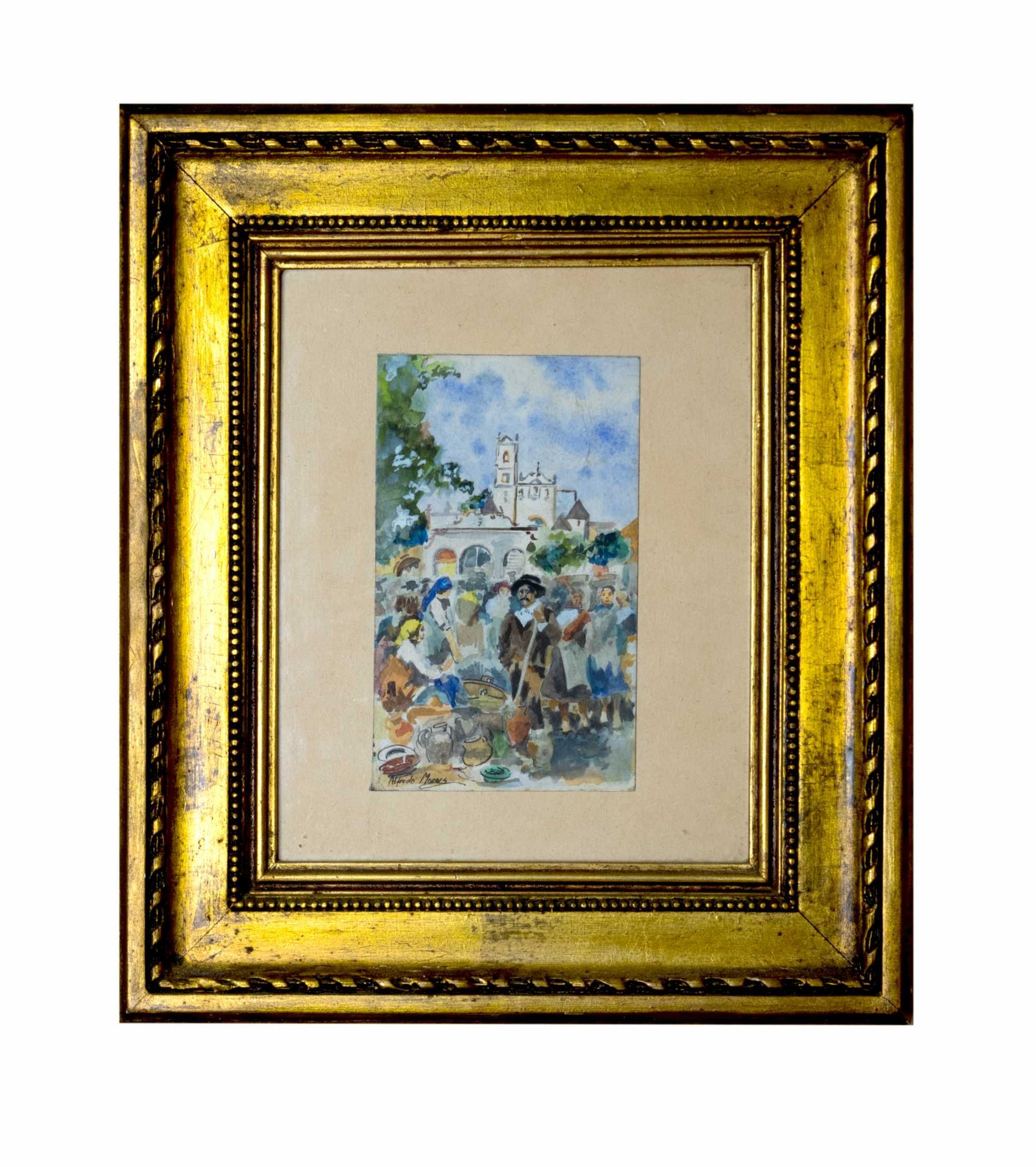 Pintura aguarela romaria igreja | Alfredo Morais