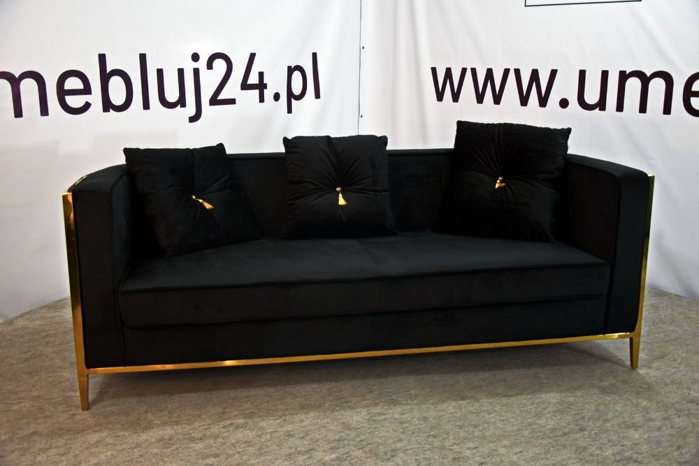 Czarna sofa 3os. Galaxy złota rama Glamour PROMOCJA!