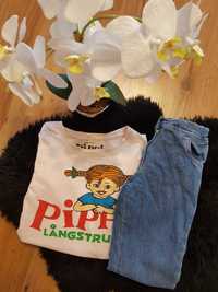 Cudny zestaw:) jeansy flare bluzeczka PIPPI Langstrump roz 110/116