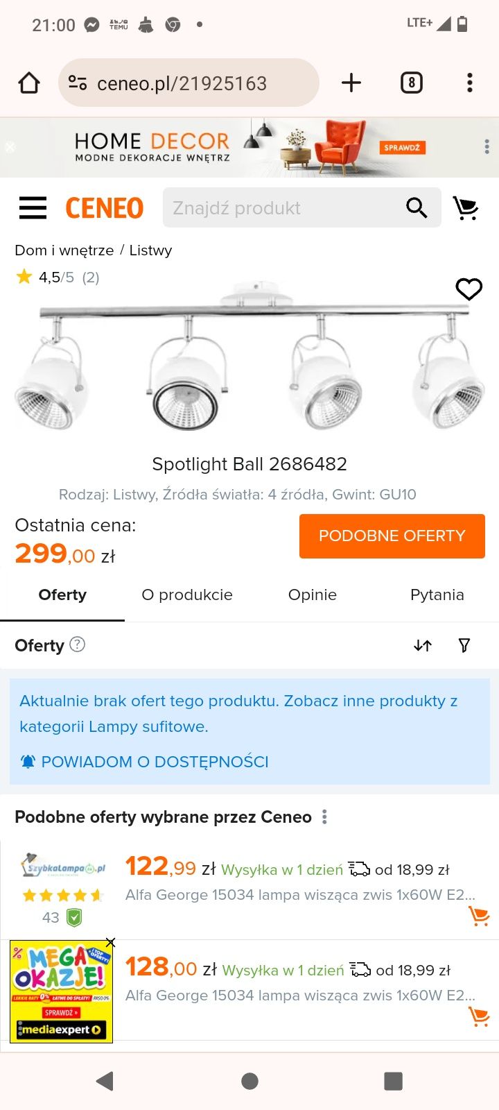 Lampa sufitowa na listwie