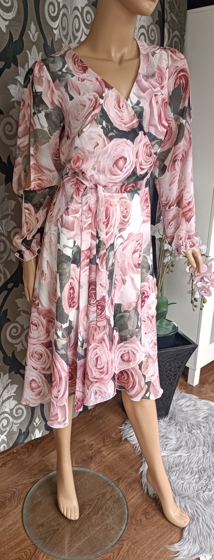 Loudress piękna sukienka w kwiaty midi L XL szyfonowa