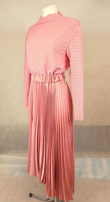 piękna asymetryczna plisowana długa sukienka S ażurowa wesele święta