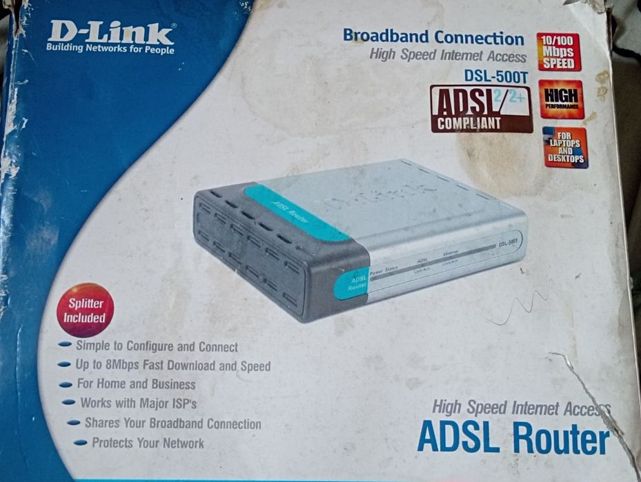 ADSL роутер D-Link DSL-500T + блок питания и кабели