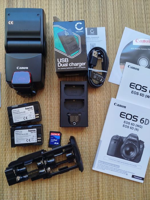 Canon 6d, punho, lente, flash e cartão de memória