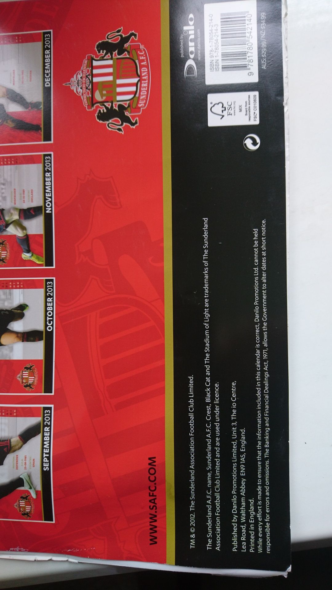 Календарь настенный Sunderland AFC 2013 год 29,5*43см