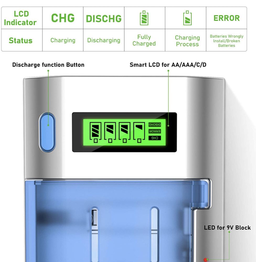 Carregador universal de pilhas LCD para AA/AAA/SC/C/D /9V