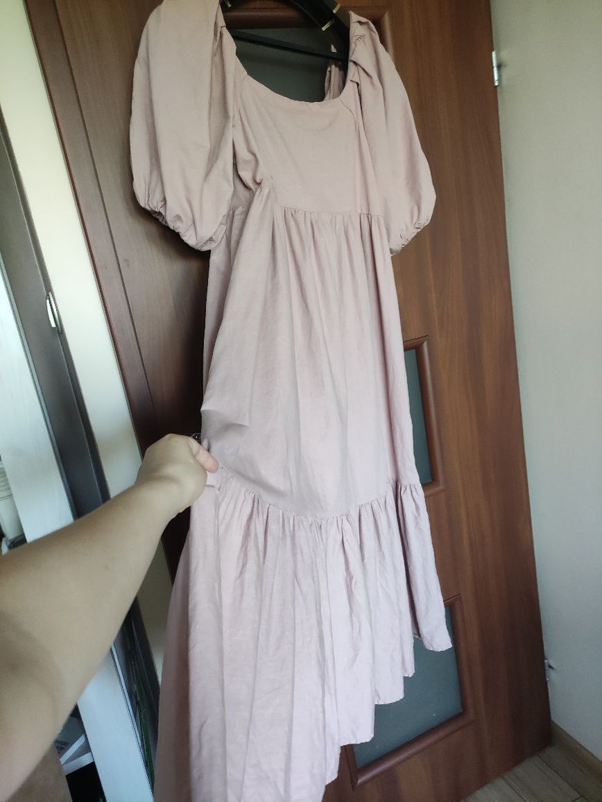 Sukienka suknia maxi bawełna i len 100% brudny pudrowy róż dziewczęca