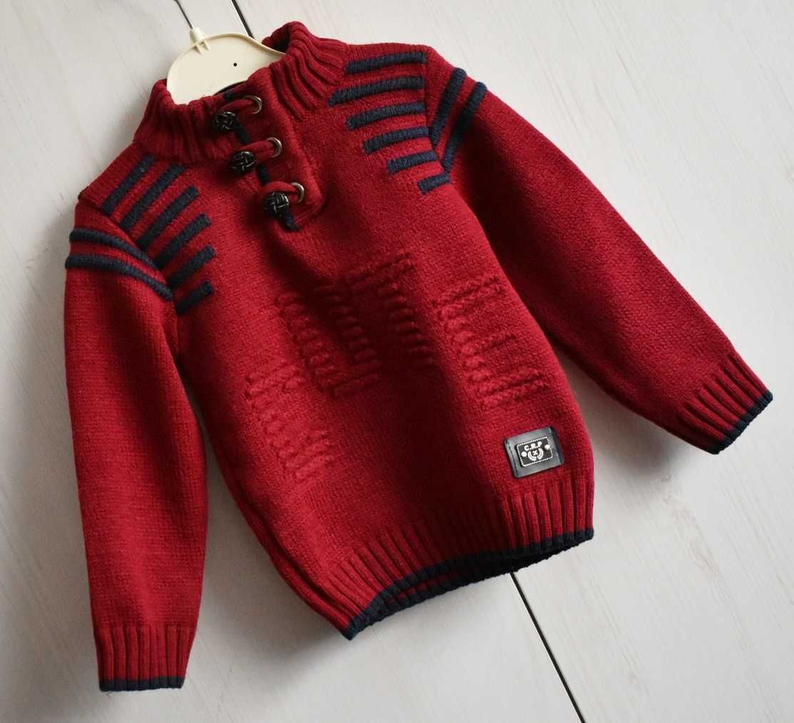 Sweterek 92 98 wełniany ciepły bluza sweter bordowy chłopięcy