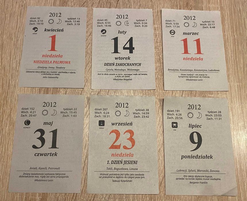 Oryginalna kartka z kalendarza 2012 r. Prezent Rocznica Pamiątka