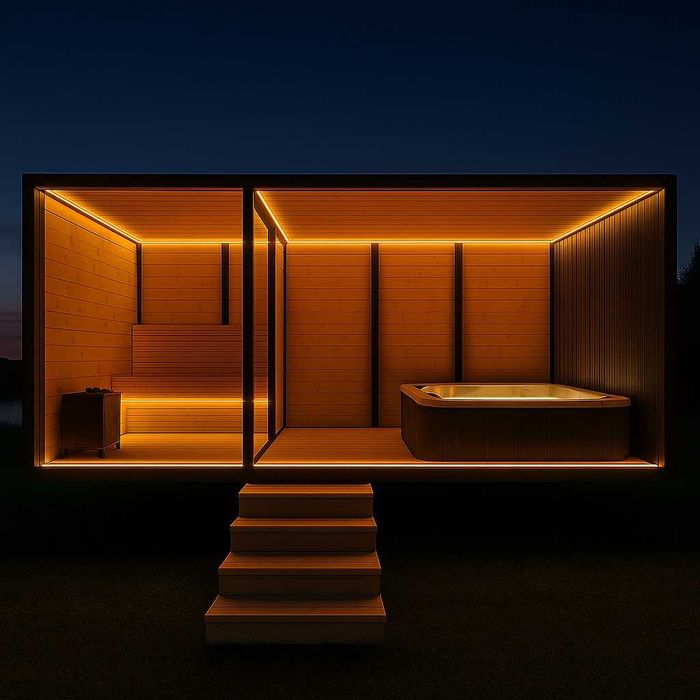 Mobilna sauna z jacuzzi piecem przyczepą schodki balia basen transport