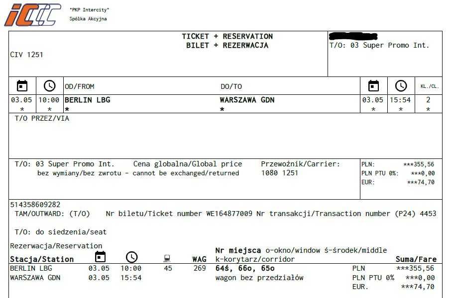 OKAZJA Bilety PKP Berlin-Warszawa 03.05.2023