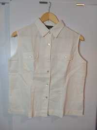 Biała koszula lniana bez rękawów, 42/XL, bluzka len na lato