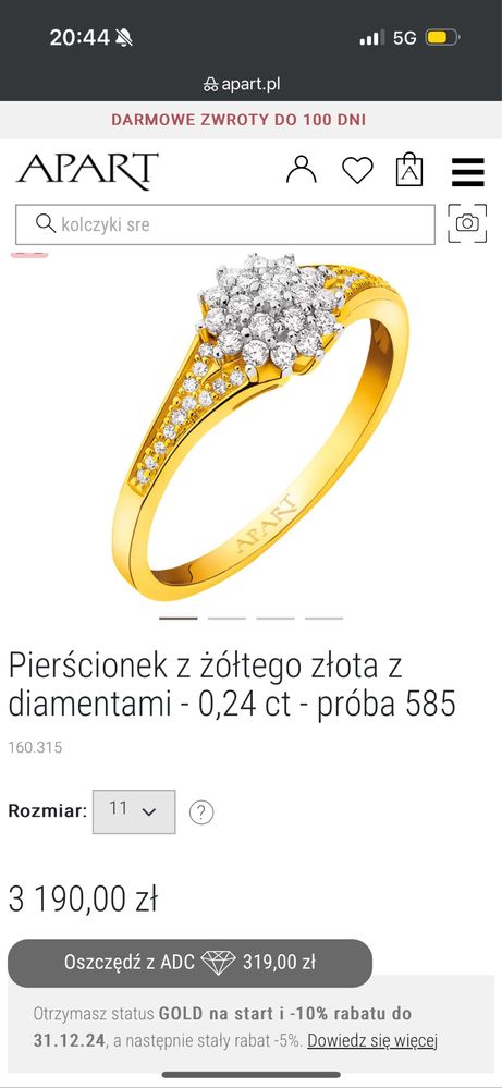 Pierscionek Apart złoty brylanty diamenty nowy 11 zaręczynowy